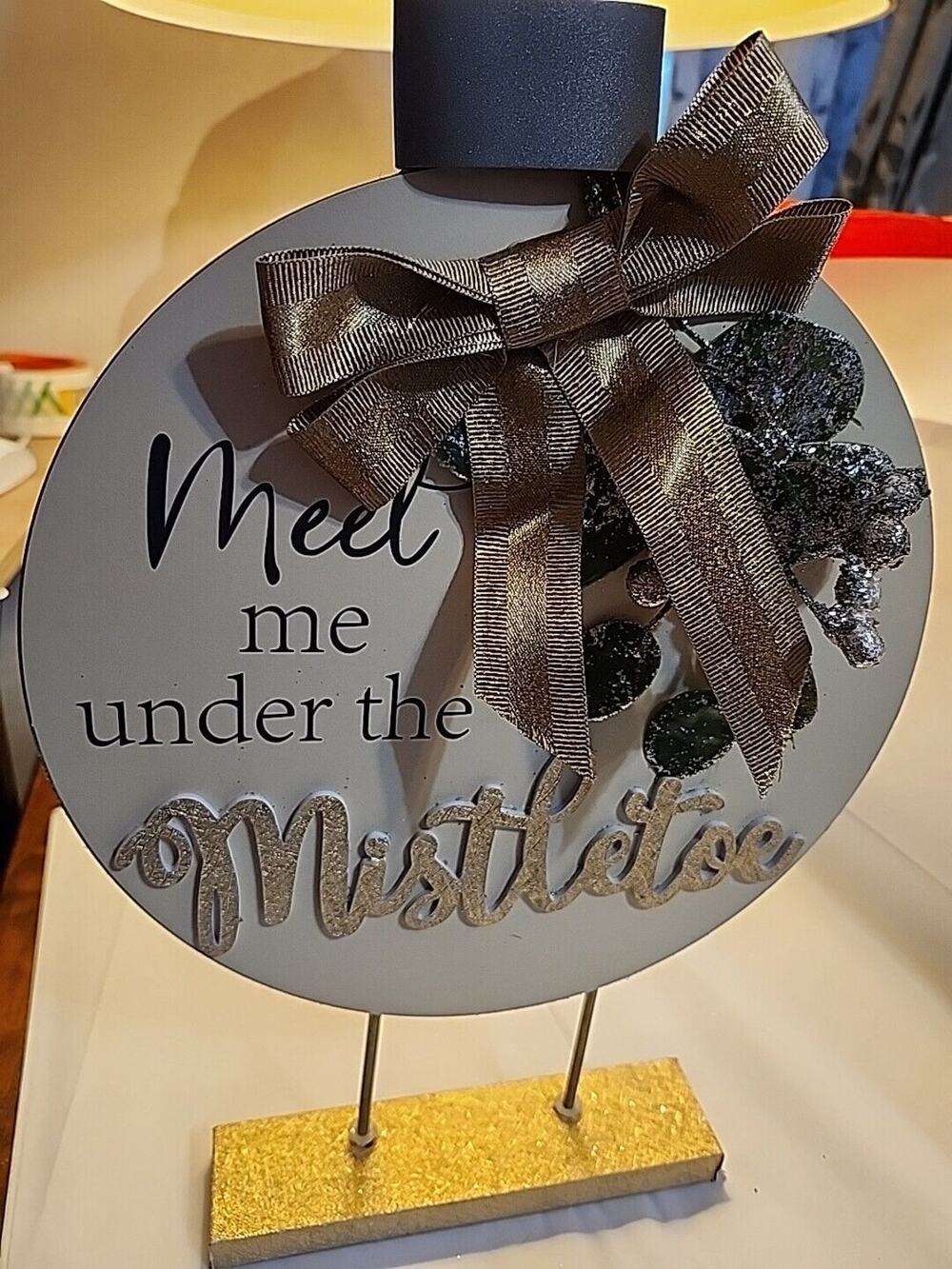 Meet Me Under the Mistletoe Table Top Ornament Decor 12.5" x 8.75" Glitter Ribbo